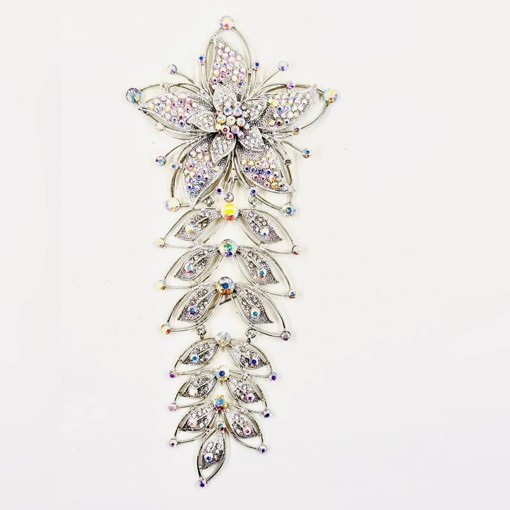 Vintage Silver Tone Floral Flower AB Rhinestone Long 8” X 4”Shoulder Brooch